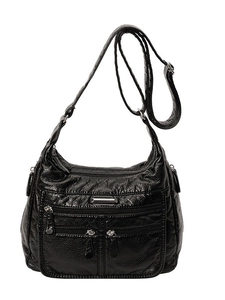 Classic black soft leather tote bag with multi-zipper pockets and adjustable shoulder strap