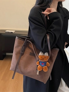 Brown faux suede tote bag with leather handles and teddy bear charm for women