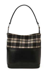 Fashionable black and white plaid bucket bag with premium leather splicing and adjustable strap