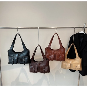 Detailed display of four vintage utility tote bags in black, coffee, burgundy and apricot
