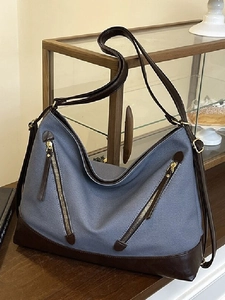Vintage Large PU Leather Canvas Shoulder Bag For Women Retro Color Block Tote Bag With Zipper Decoration Casual Handbag