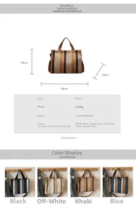 Size chart showing large canvas tote bag dimensions 38x29x14cm and color options