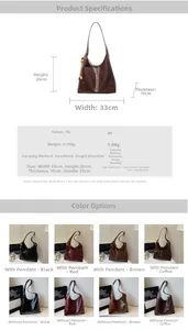 Detailed chart showing PU leather tote bag dimensions and four available color options