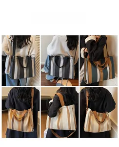 Multiple views of striped canvas tote bags showing various color options on models