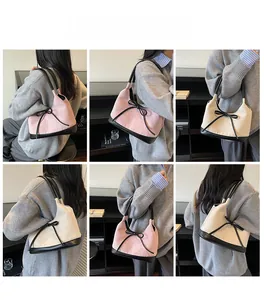 Minimalist shoulder bags with bow details shown from various angles on a model