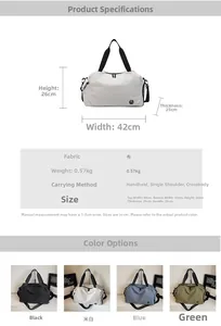 Detailed size specifications and material chart for this large travel fitness bag