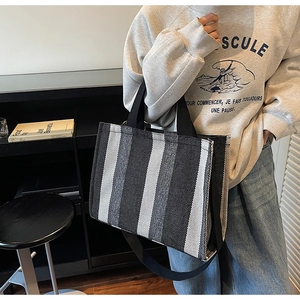Vertical striped canvas tote bag shown worn on shoulder by model in a stylish interior