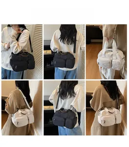 Multi-pocket nylon bag shown in various angles on models for casual daily wear