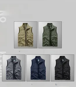 Multi-pocket outdoor vest displayed in khaki, green, gray, blue, and black color options
