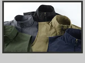 Close-up of lightweight zip-up vests in five colors featuring standing collars and embroidery