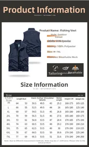 Size chart and measurement guide for men's outdoor multi-pocket quick-dry fishing vest