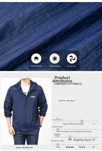 Detail of thin navy blue sun protection jacket with outdoor print and nylon texture
