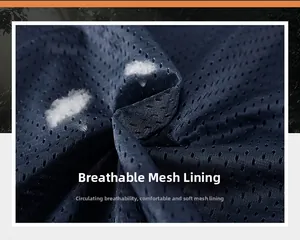 Macro shot of breathable mesh fabric on navy blue outdoor vest for ventilation