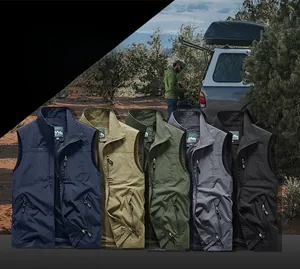 Detailed flat lay of multi-pocket fishing vests in five colors with breathable mesh lining