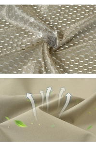 Détail du tissu en maille dorée imperméable et textile kaki respirant pour gilet de sport
