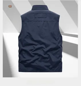 Back view of a navy blue quick-dry outdoor vest with stand collar and detailed stitching