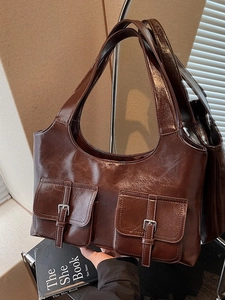 Vintage PU Leather Large Capacity Underarm Bag For Women Retro Double Pocket Shoulder Tote Bag Minimalist Daily Commute Handbag