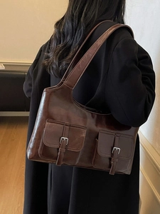 Retro dark brown oily leather tote bag with double pockets for women's daily commute