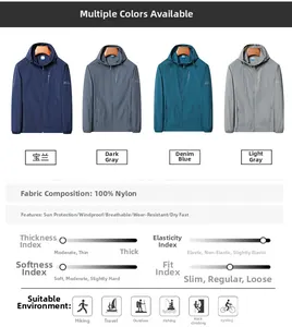 Flat lay of four breathable summer sun protection jackets in assorted colors with technical details
