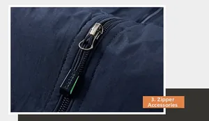 Close-up of durable metal zipper with SPORTS logo on navy blue outdoor utility vest