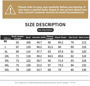 Detailed size chart for men's sun protection jacket with specific body measurements
