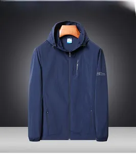 Detail of navy blue hooded sun protection jacket with elastic cuffs and logo print