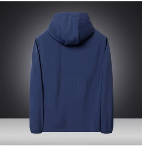 Rear view of dark blue men's breathable sun protection jacket with elastic cuffs