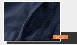 Macro shot of Velcro pocket detail and smooth zipper on a functional navy outdoor vest