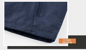 Detail of navy blue vest showing precision hemline stitching and durable synthetic fabric