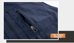 Detail of chest zipper pocket on navy blue outdoor vest with Sports tag puller