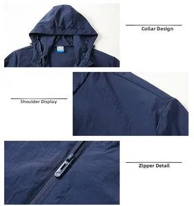 Detail view of hood collar, shoulder stitching and metal zipper on blue sun jacket