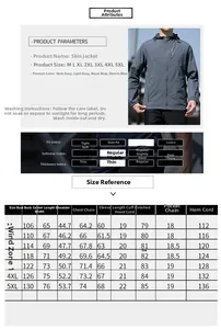 Detailed size chart for men's sun protection jacket ranging from size M up to 5XL