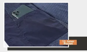 Close-up of the functional inner mesh pocket designed to fit a smartphone on a blue vest