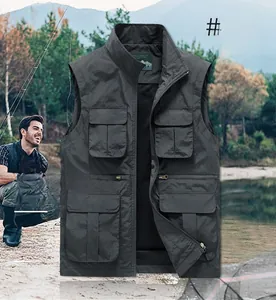 Detail of dark grey multi-pocket outdoor fishing vest with quick-dry fabric and metal zipper