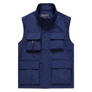 Gilet Utilitaire Multi-poches pour Homme Séchage Rapide Polyester Gilet de Pêche Photographie Col Montant Veste Sans Manches