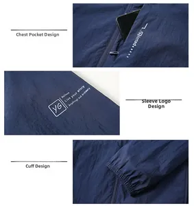 Detail of navy sun protection jacket with zipper pocket and elastic cuffs fabric