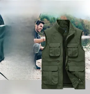 Detail of army green fishing vest with multiple pockets and breathable mesh lining