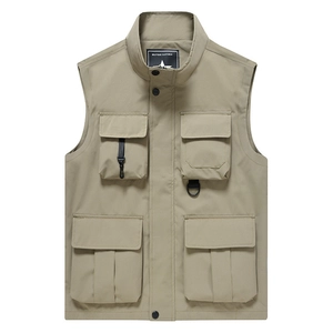 Gilet de pêche kaki pour homme avec poches multiples, col montant et détail anneau D