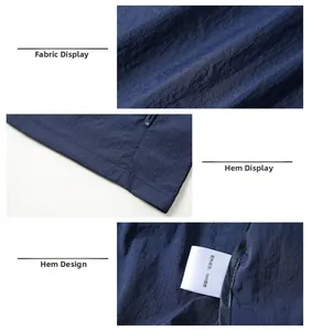 Detail of navy nylon sun protection jacket showing 100% polyamide fabric and stitching