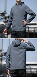 Front and back view of men's lightweight grey hooded sun protection jacket with elastic cuffs