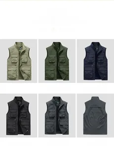 Detail view showing multi-pocket cargo vest design with waterproof quick-dry fabric