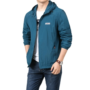 Men's blue outdoor hooded jacket with UV protection and quick-dry breathable fabric