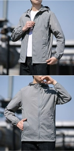 Detail of adjustable drawstring hood and zipper pocket on gray men's sun protection jacket