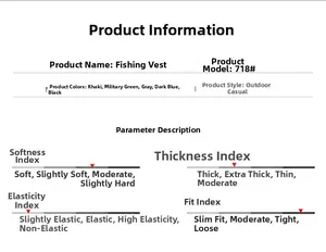 Size chart and technical specifications for multi-pocket outdoor fishing vest model 718