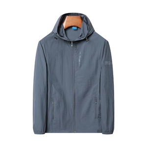 Men's grey-blue lightweight hooded sun protection jacket with breathable ice silk fabric