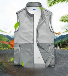 Detail of grey lightweight breathable vest with zipper and letter strap decoration