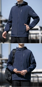 Detail of dark blue men's ice silk sun protection jacket with hood and side pockets
