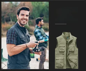 Detail of multi-pocket outdoor cargo vest with stand collar and zipper closure for men