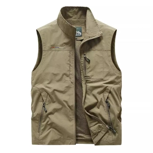 Gilet Utilitaire Multi-Poches Extérieur pour Hommes Séchage Rapide Col Montant Décontracté Coupe-Vent Doublure en Filet Pêche Randonnée Top