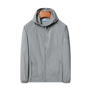 Men's ice silk sun protection jacket in grey featuring a hood and zippered pockets